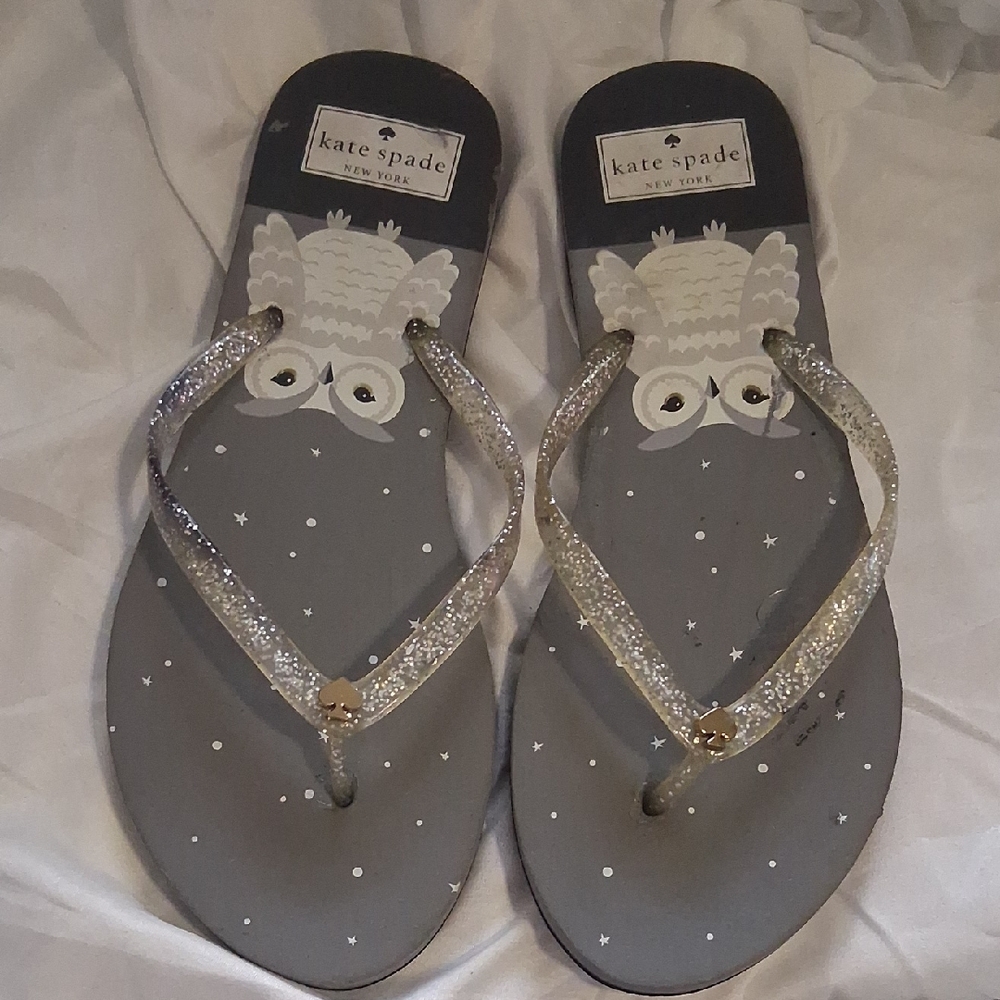 Kate Spade Silver and Gray Owl Flip Flops